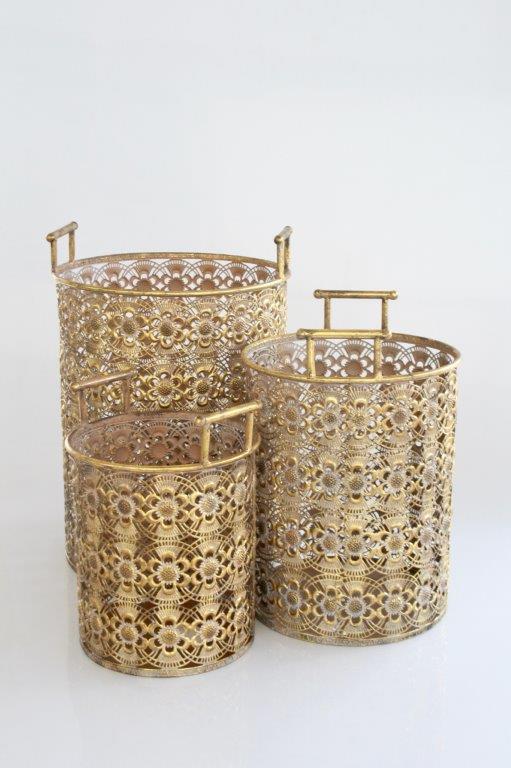 Set Of 3 Gold Flower Metal Baskets